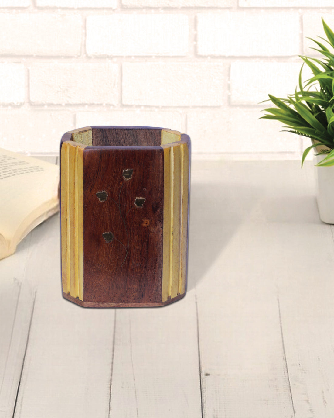 Wooden Pen jar brass